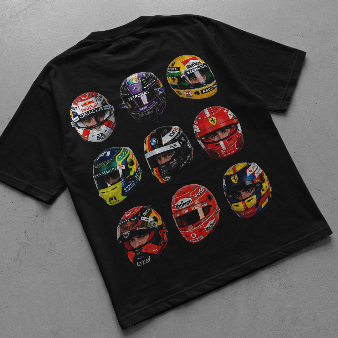 F1 drivers collection helmets t-shirt design