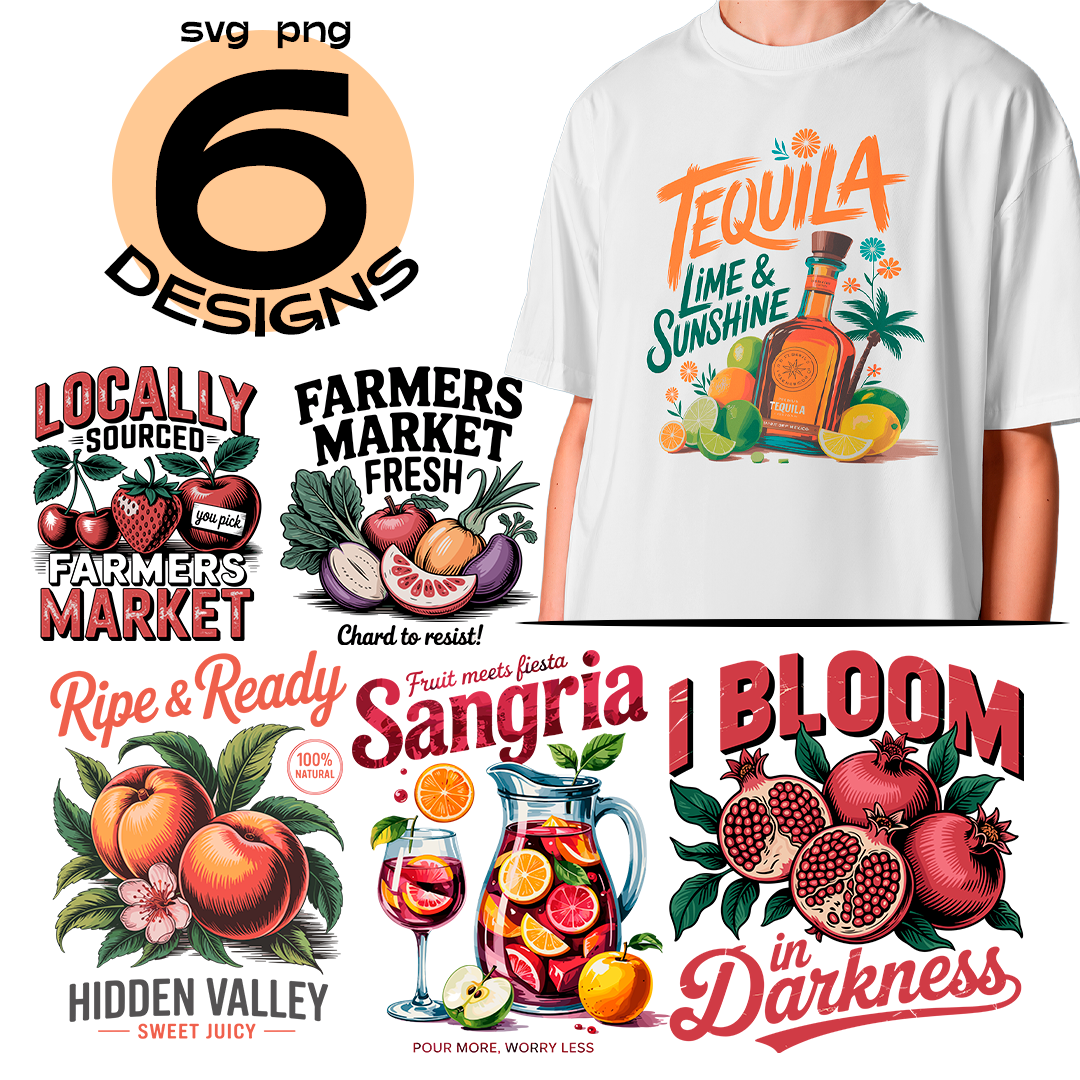 6 Vintage Fruits designs - DIGITAL FILE SVG - PNG