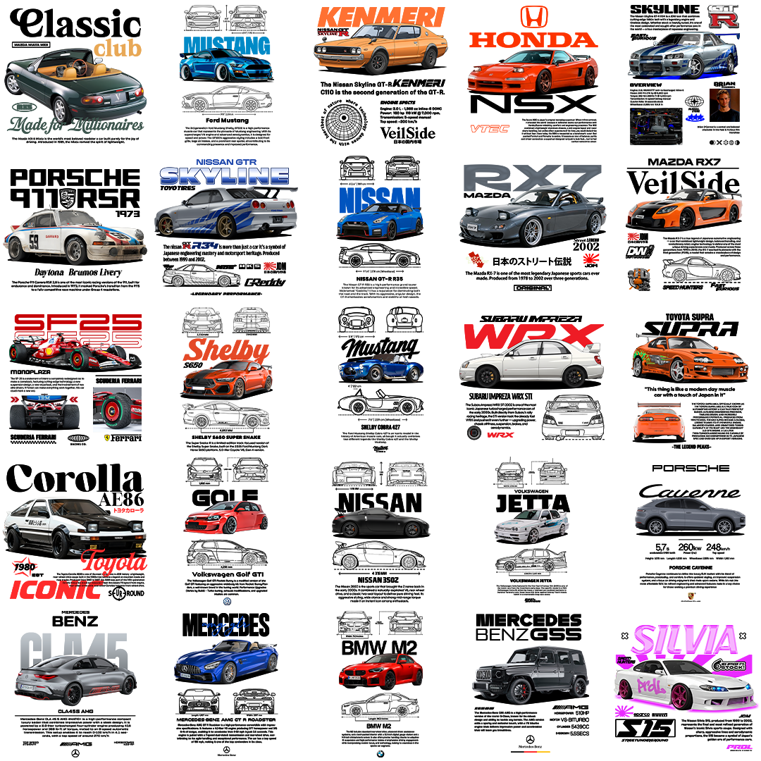 50 Template Car designs for t-shirt/hoodies/sweaters PNG High Quality
