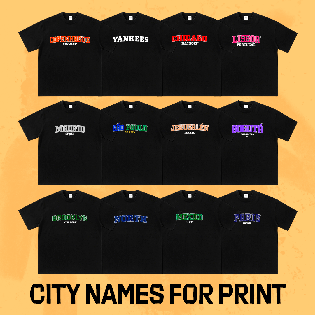 City Names for print on t-shirts