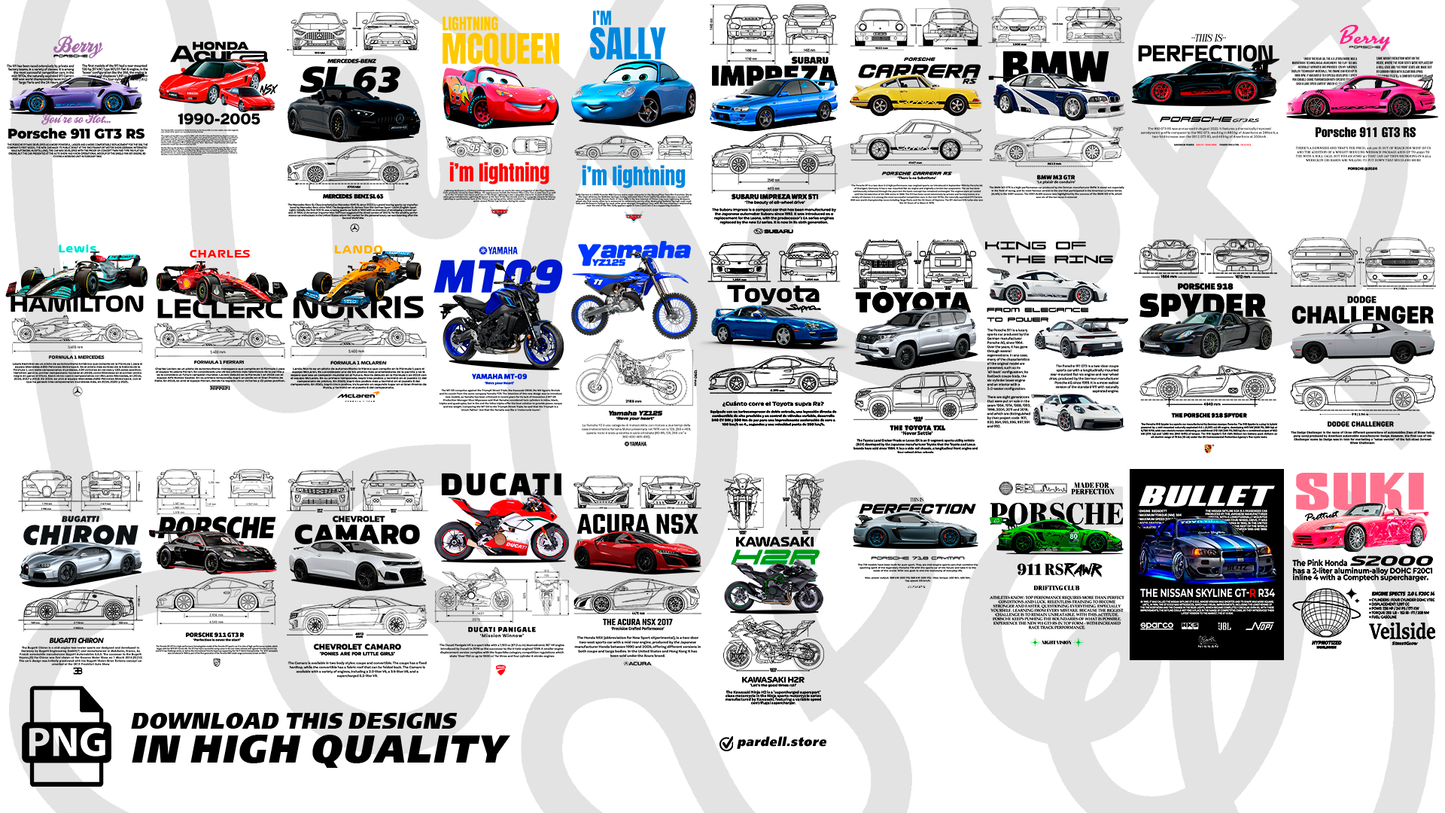 +340 CAR DESIGNS FOR PRINT ON CLOTHING