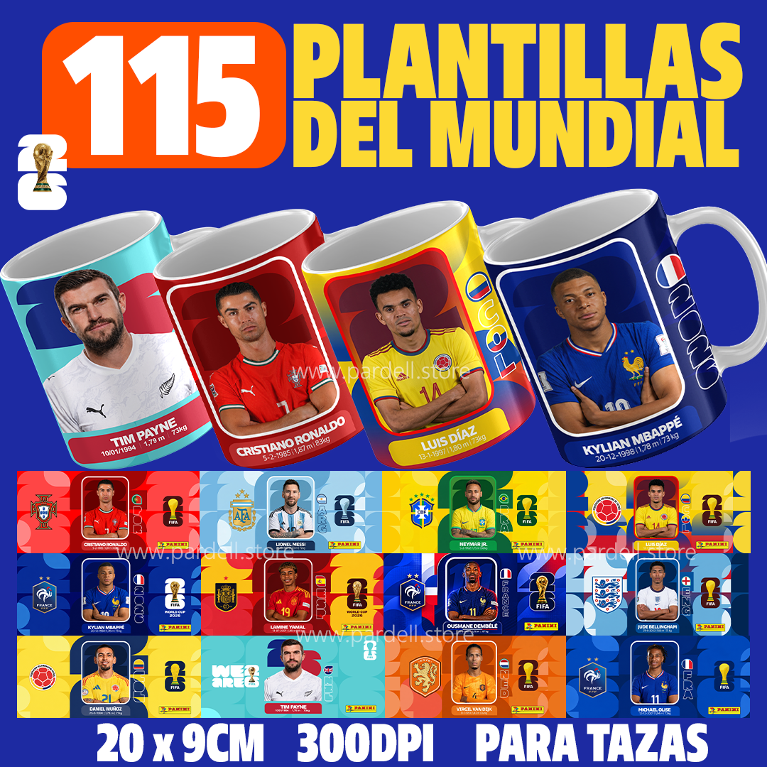 115 Plantillas del mundial listas para sublimar tazas