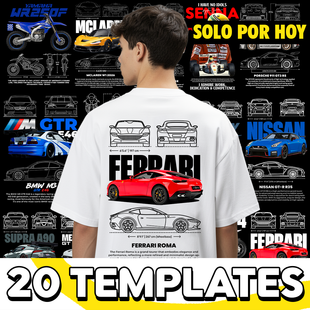 20 CAR / MOTORCYCLES TEMPLATES DTF FOR T-SHIRTS