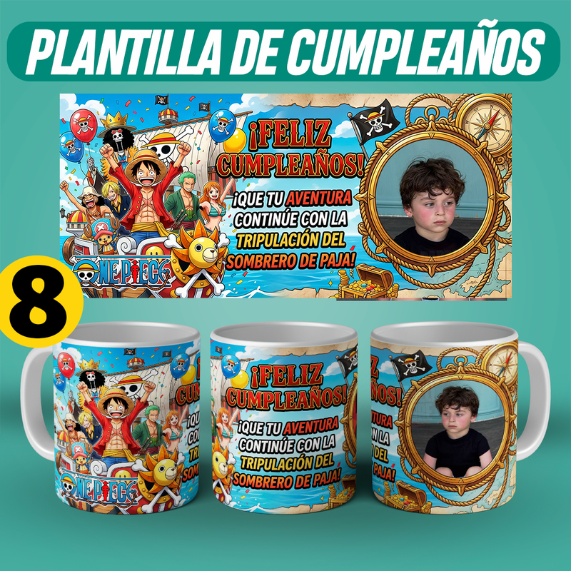 Plantillas de cumpleaños de One Piece para tazas
