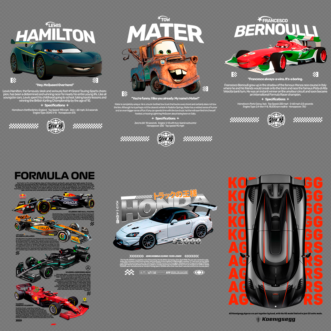 +340 CAR DESIGNS FOR PRINT ON CLOTHING