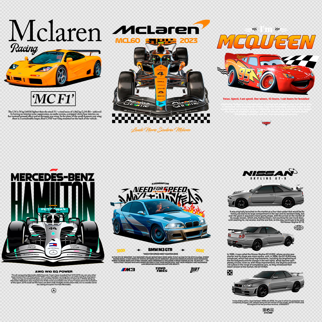 +340 CAR DESIGNS FOR PRINT ON CLOTHING