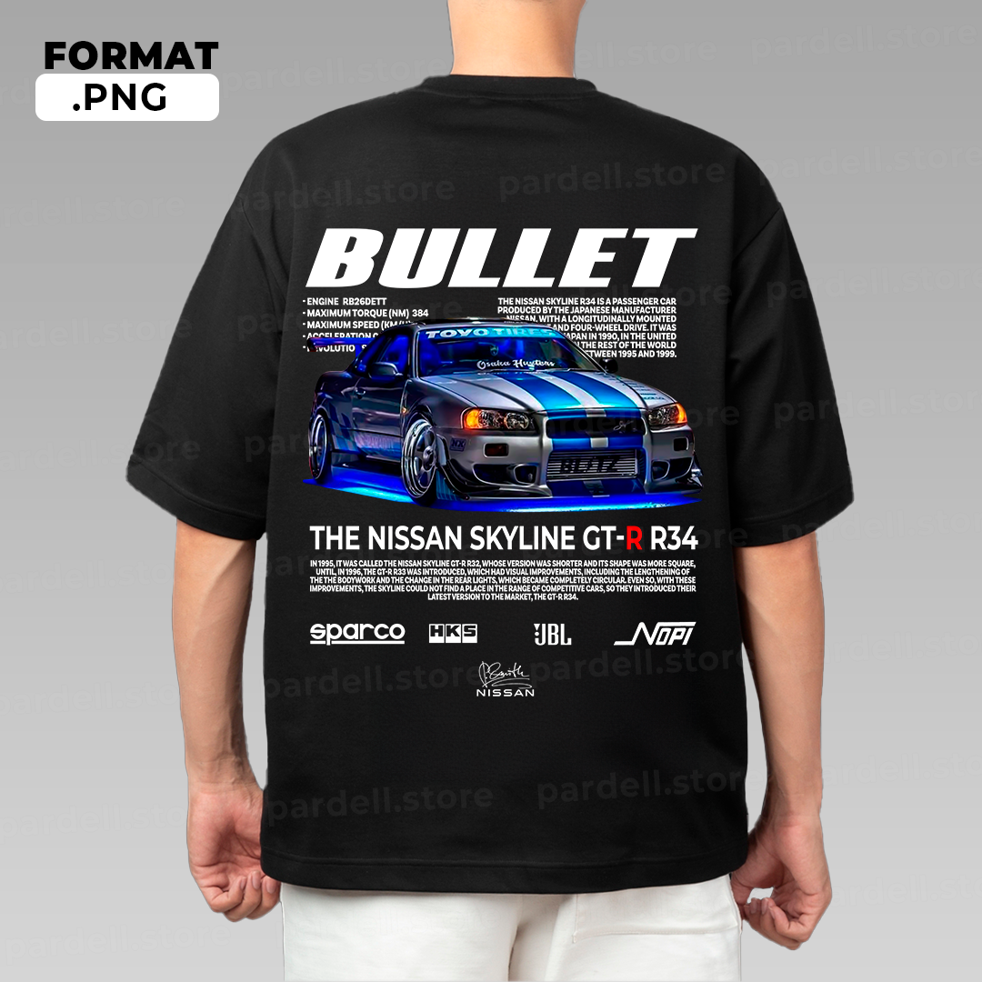 Nissan Skyline GT-R R34 BULLET t-shirt design – Pardell