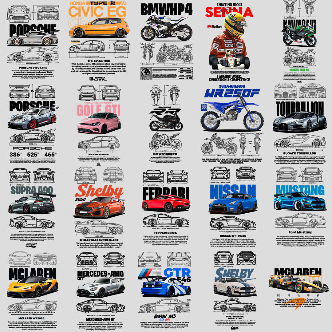 20 CAR / MOTORCYCLES TEMPLATES DTF FOR T-SHIRTS